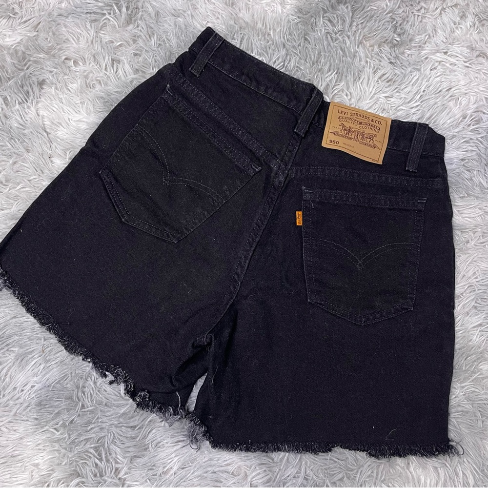 Vintage 90s Orange Tab Levis 950 Black High Waist Frayed Hem Cutoff Denim Shorts